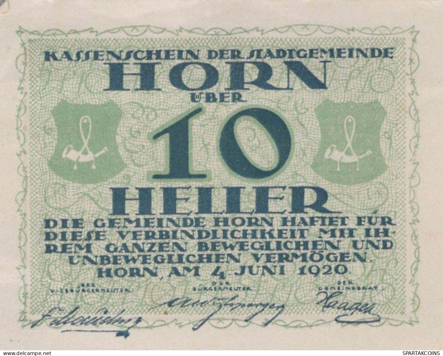 10 HELLER 1920 Stadt HORN Niedrigeren Österreich Notgeld Banknote #PD630 - [11] Local Banknote Issues