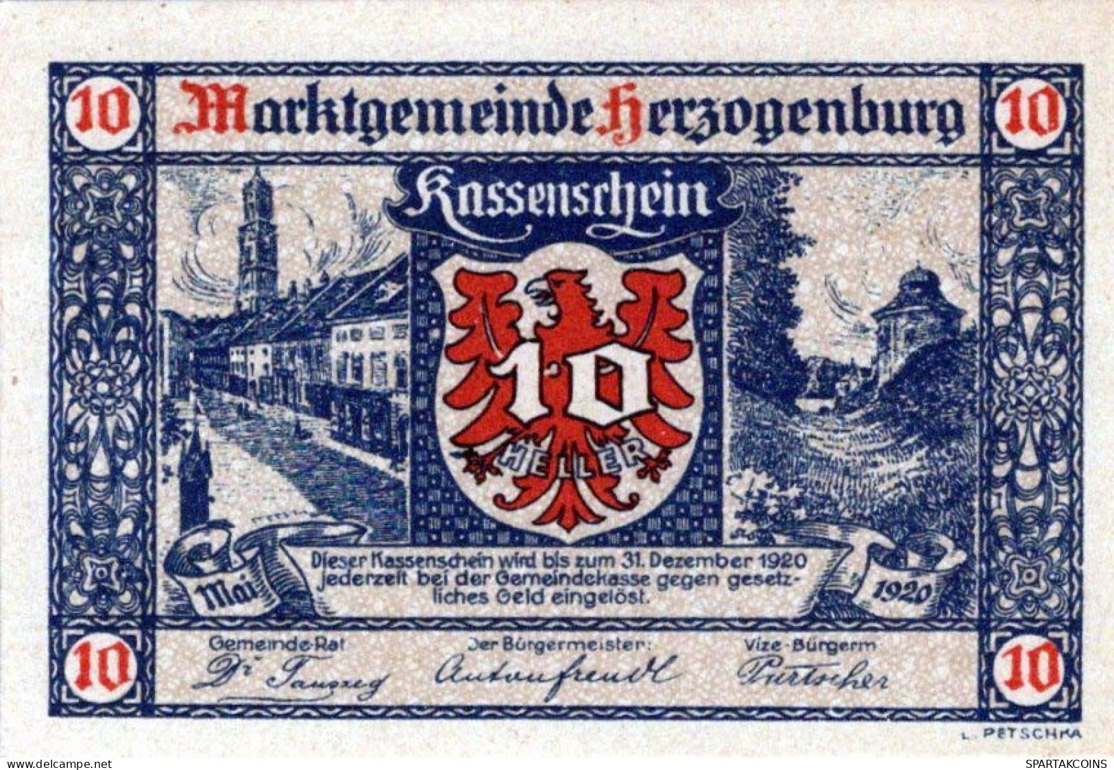 10 HELLER 1920 Stadt HERZOGENBURG Niedrigeren Österreich UNC Österreich Notgeld #PH109 - [11] Local Banknote Issues