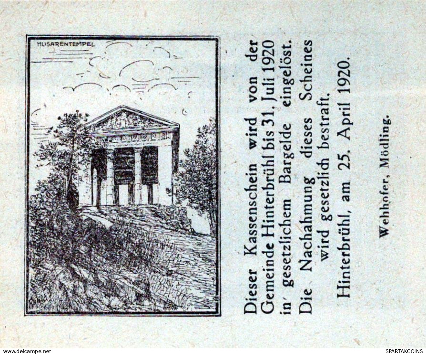10 HELLER 1920 Stadt HINTERBRÜHL Niedrigeren Österreich Notgeld #PD576 - Lokale Ausgaben