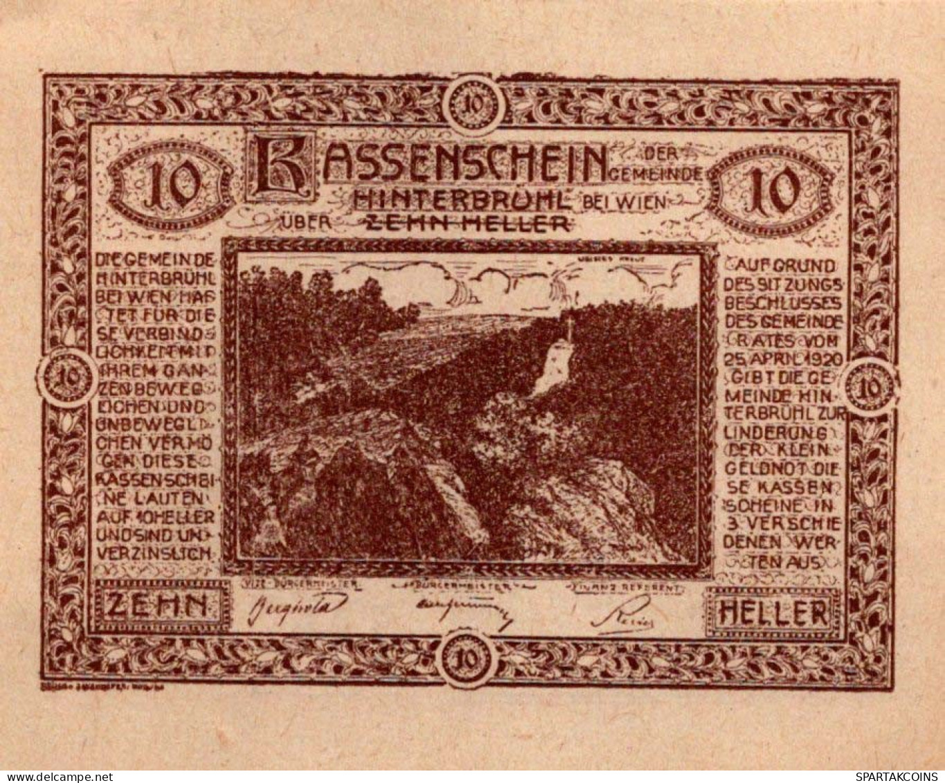 10 HELLER 1920 Stadt HINTERBRÜHL Niedrigeren Österreich Notgeld #PD609 - [11] Local Banknote Issues
