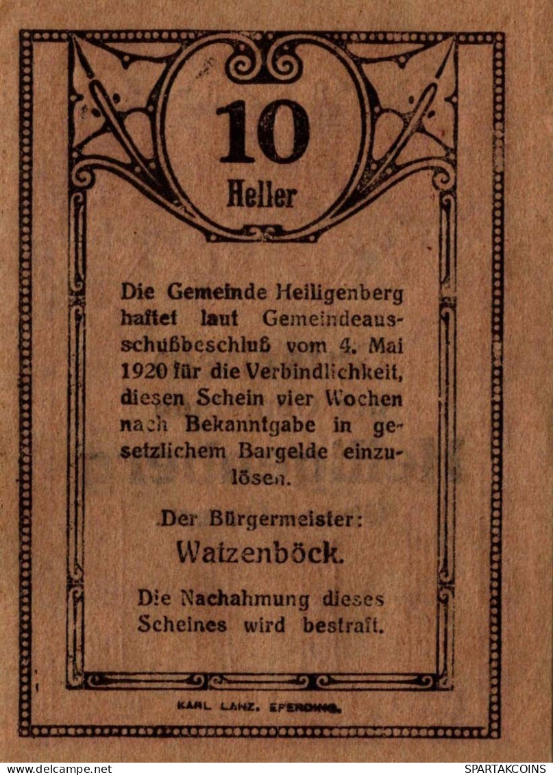 10 HELLER 1920 Stadt HEILIGENBERG Oberösterreich Österreich Notgeld Papiergeld Banknote #PG845 - [11] Lokale Uitgaven