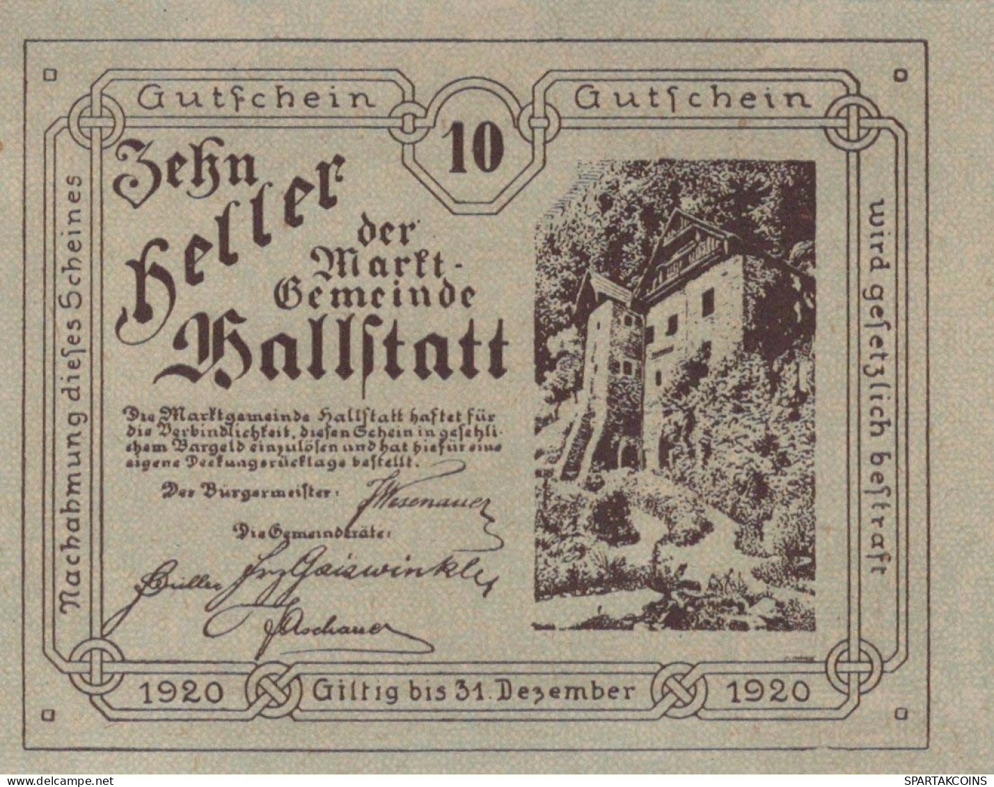 10 HELLER 1920 Stadt HALLSTATT Oberösterreich Österreich Notgeld Papiergeld Banknote #PG876 - Lokale Ausgaben