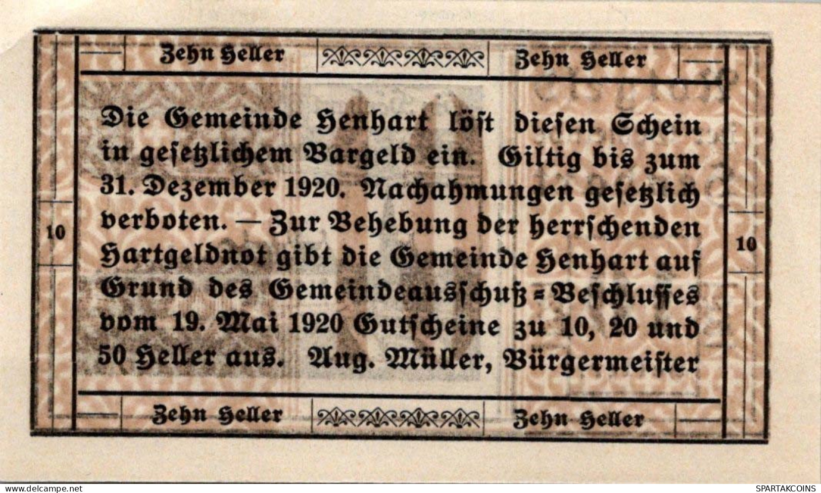 10 HELLER 1920 Stadt HENHART Oberösterreich Österreich Notgeld Banknote #PD601 - [11] Emissioni Locali