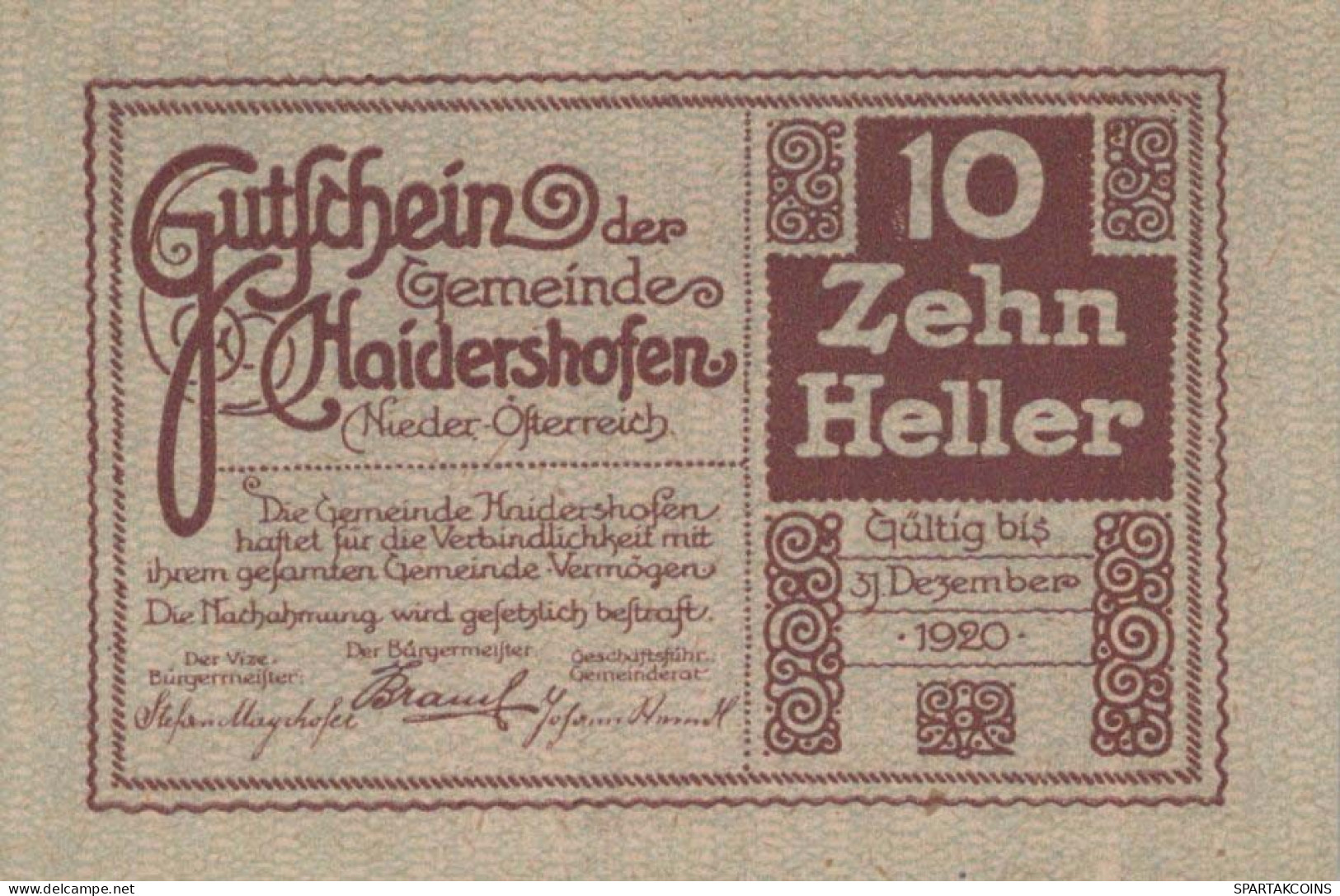 10 HELLER 1920 Stadt HAIDERSHOFEN Niedrigeren Österreich Notgeld Papiergeld Banknote #PG869 - [11] Local Banknote Issues