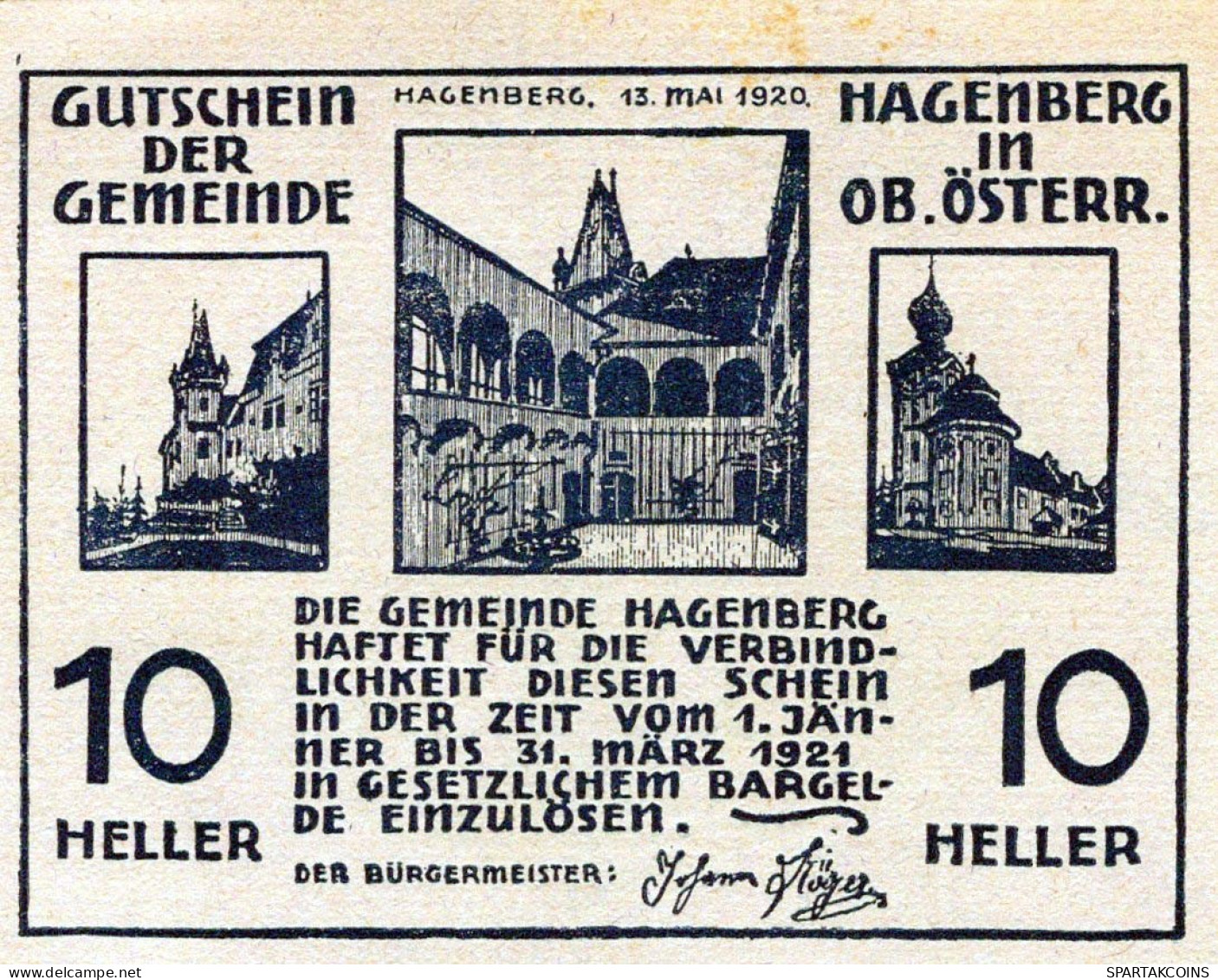 10 HELLER 1920 Stadt HAGENBERG Oberösterreich Österreich Notgeld Papiergeld Banknote #PG879 - [11] Emissions Locales