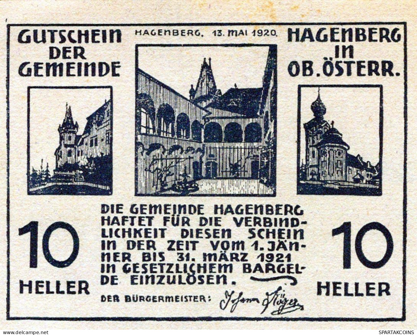 10 HELLER 1920 Stadt HAGENBERG Oberösterreich Österreich Notgeld Papiergeld Banknote #PG879 - [11] Local Banknote Issues