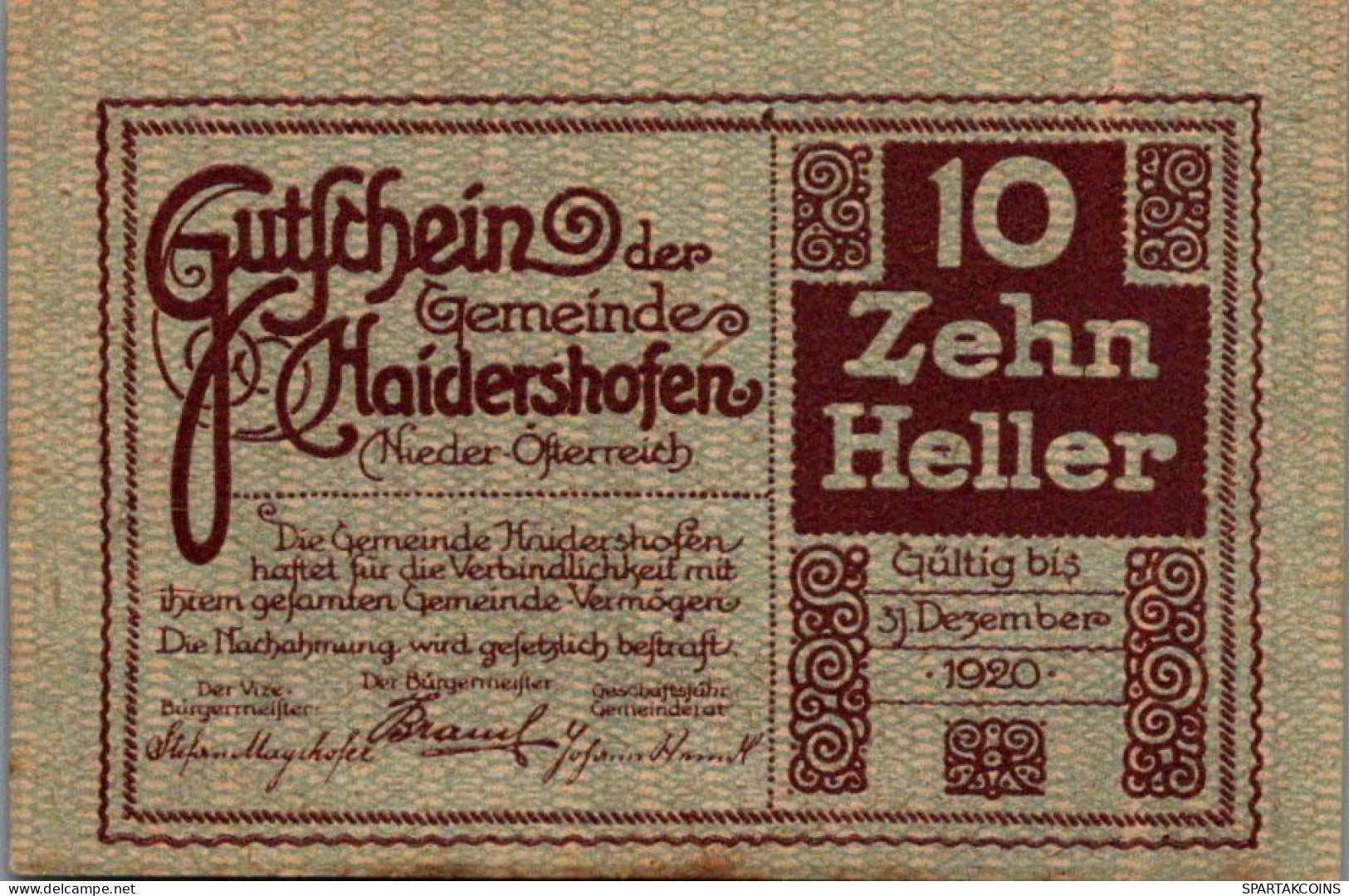 10 HELLER 1920 Stadt HAIDERSHOFEN Niedrigeren Österreich Notgeld #PD578 - [11] Local Banknote Issues