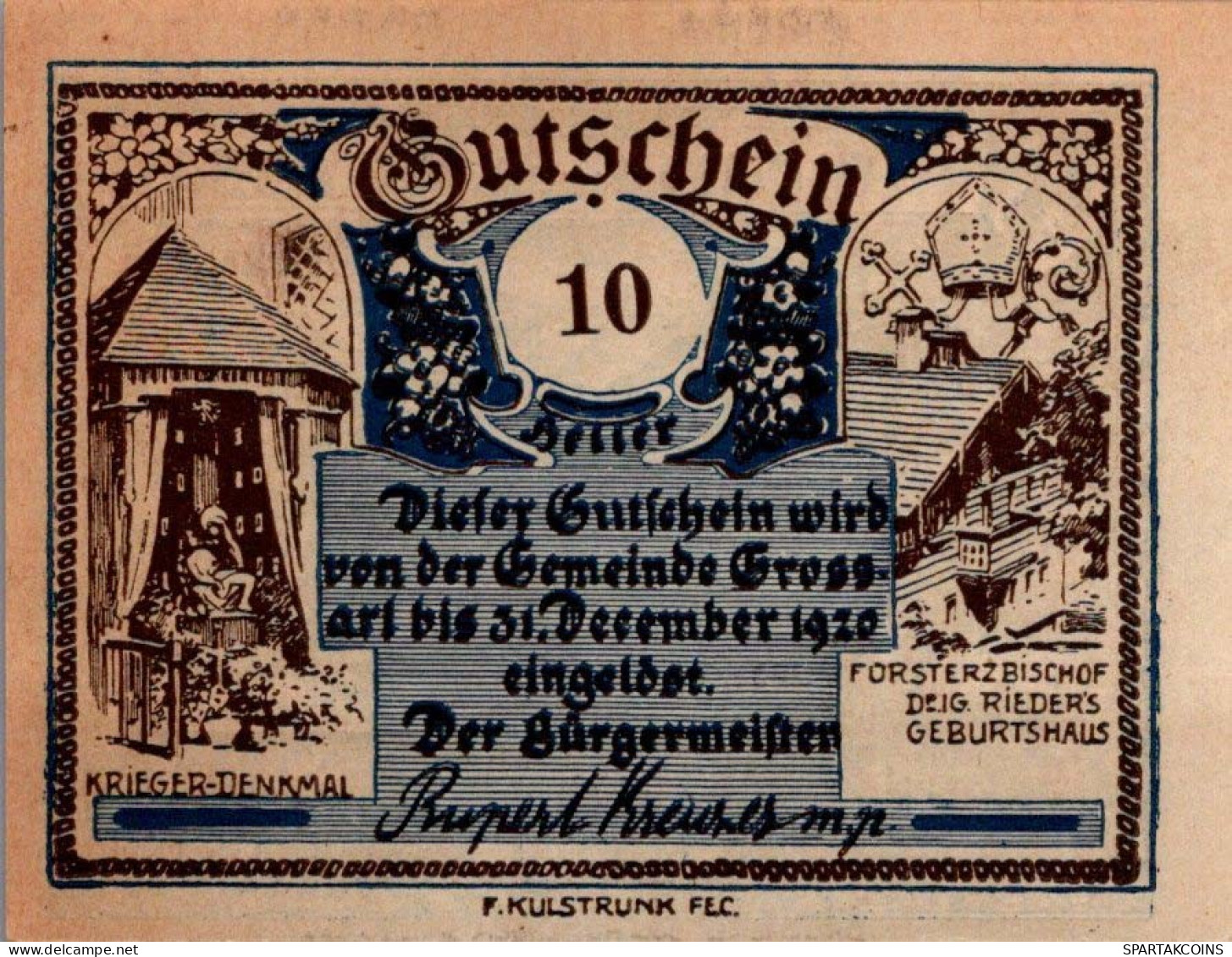 10 HELLER 1920 Stadt GROSSARL Salzburg Österreich Notgeld Banknote #PE998 - [11] Emissioni Locali