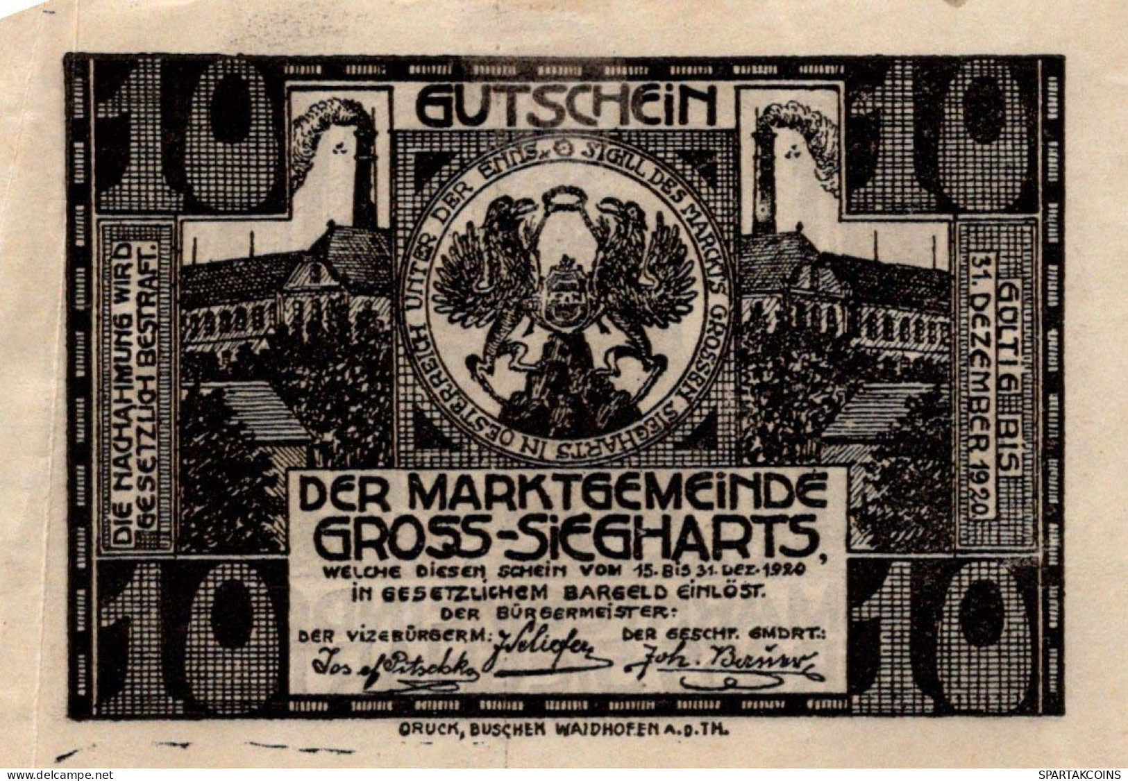 10 HELLER 1920 Stadt GROSS-SIEGHARTS Niedrigeren Österreich Notgeld #PI350 - [11] Local Banknote Issues