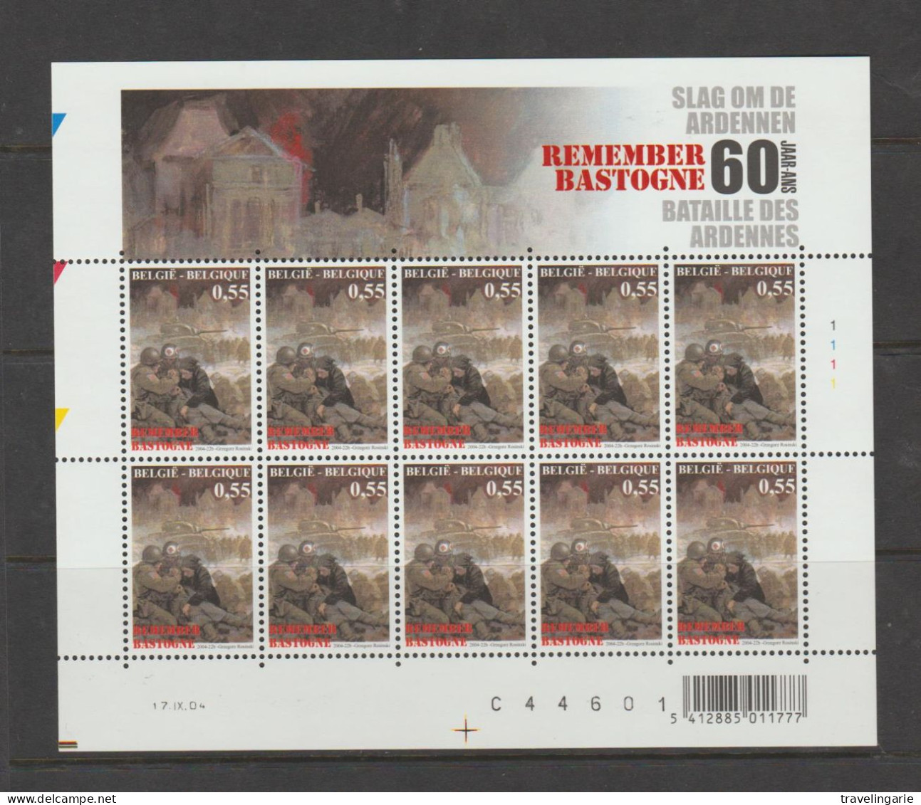 Belgium 2004 Remember Bastogne - Battle Of The Ardennes Complete Sheet  Plate 1 MNH ** - Militaria