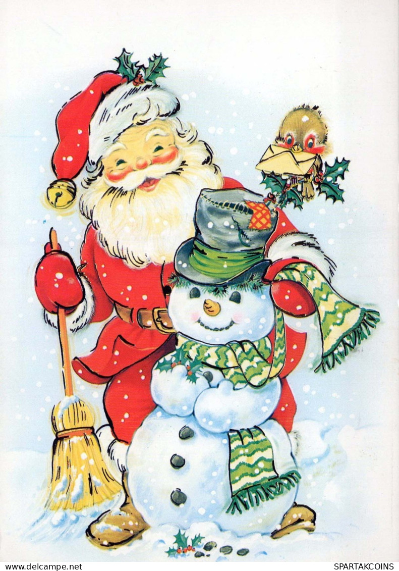 PAPÁ NOEL Feliz Año Navidad MUÑECO DE NIEVE Vintage Tarjeta Postal CPSM #PAU393.ES - Santa Claus