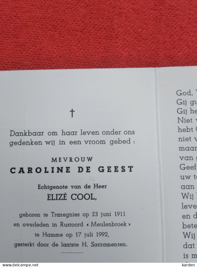 Doodsprentje Caroline De Geest / Trazegnies 23/6/1911 Hamme 17/7/1992 ( Elizé Cool ) - Religion & Esotérisme