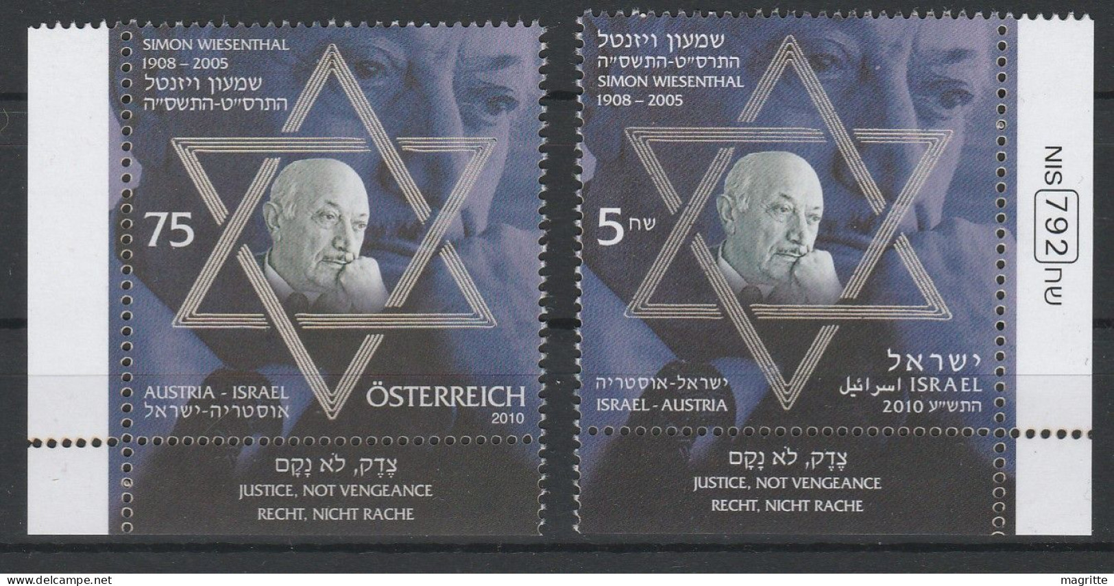 Autriche Israel Simon Wiesenthal 2010 Emission Commune Timbres Neufs Austria Israel 2010 Joint Issue Mint Stamps - Emissions Communes