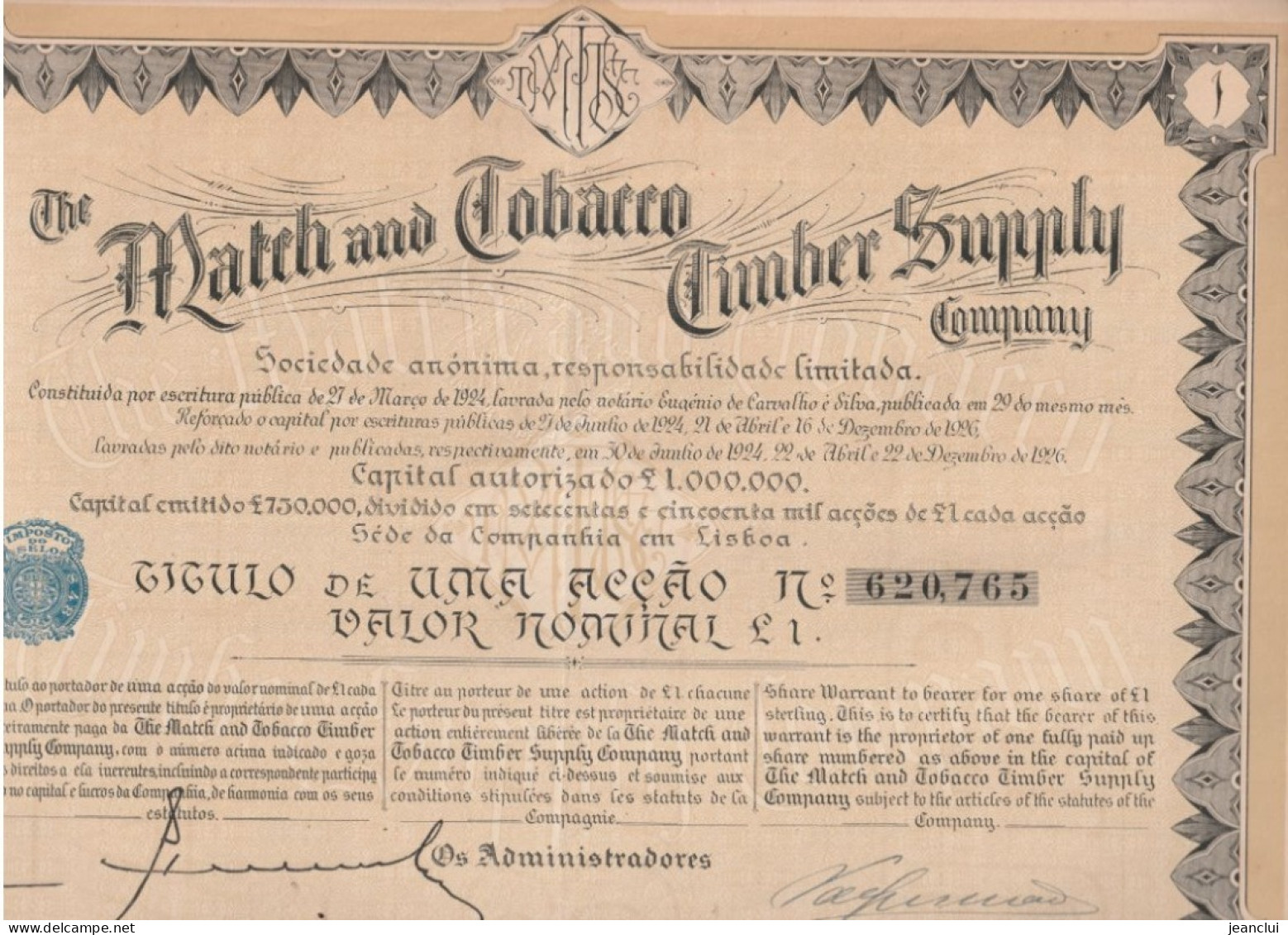 THE MATCH And TABACCO TIMBER SUPPLY COMPAGNY . LISBOA  TITULO DE UNMA ACCAO N° 620.765 VALOR NOMINAL £1 RESTE 45 COUPONS - Sonstige & Ohne Zuordnung