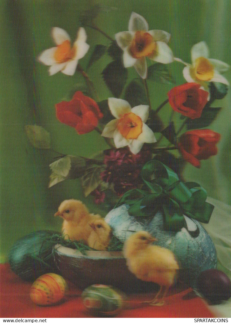 EASTER CHICKEN EGG FLOWERS LENTICULAR 3D Vintage Postcard CPSM #PAZ015.GB - Ostern