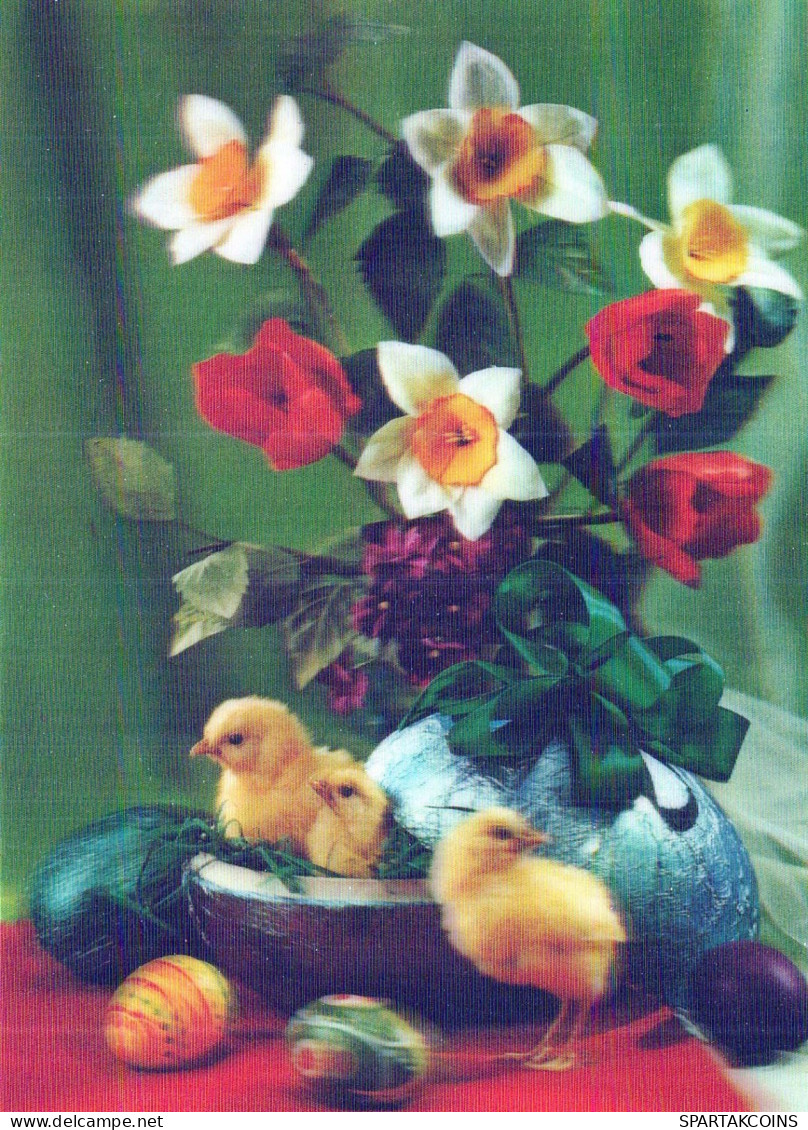 EASTER CHICKEN EGG FLOWERS LENTICULAR 3D Vintage Postcard CPSM #PAZ015.GB - Ostern