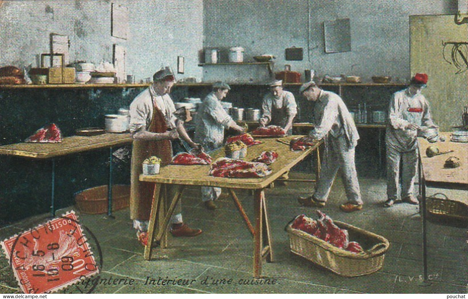 DE 4 - INFANTERIE - INTERIEUR D' UNE CUISINE - DECOUPE DE LA VIANDE  - EDIT. CHOCOLAT LOUIT -CARTE COULEURS - 2 SCANS - Kazerne