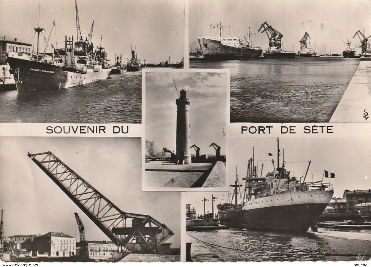 DE 6 -(34) SOUVENIR DU PORT DE SETE - CARTE MULTIVUES : NAVIRES , GRUES  DE CHARGEMENT , PHARE   - 2 SCANS - Sete (Cette)