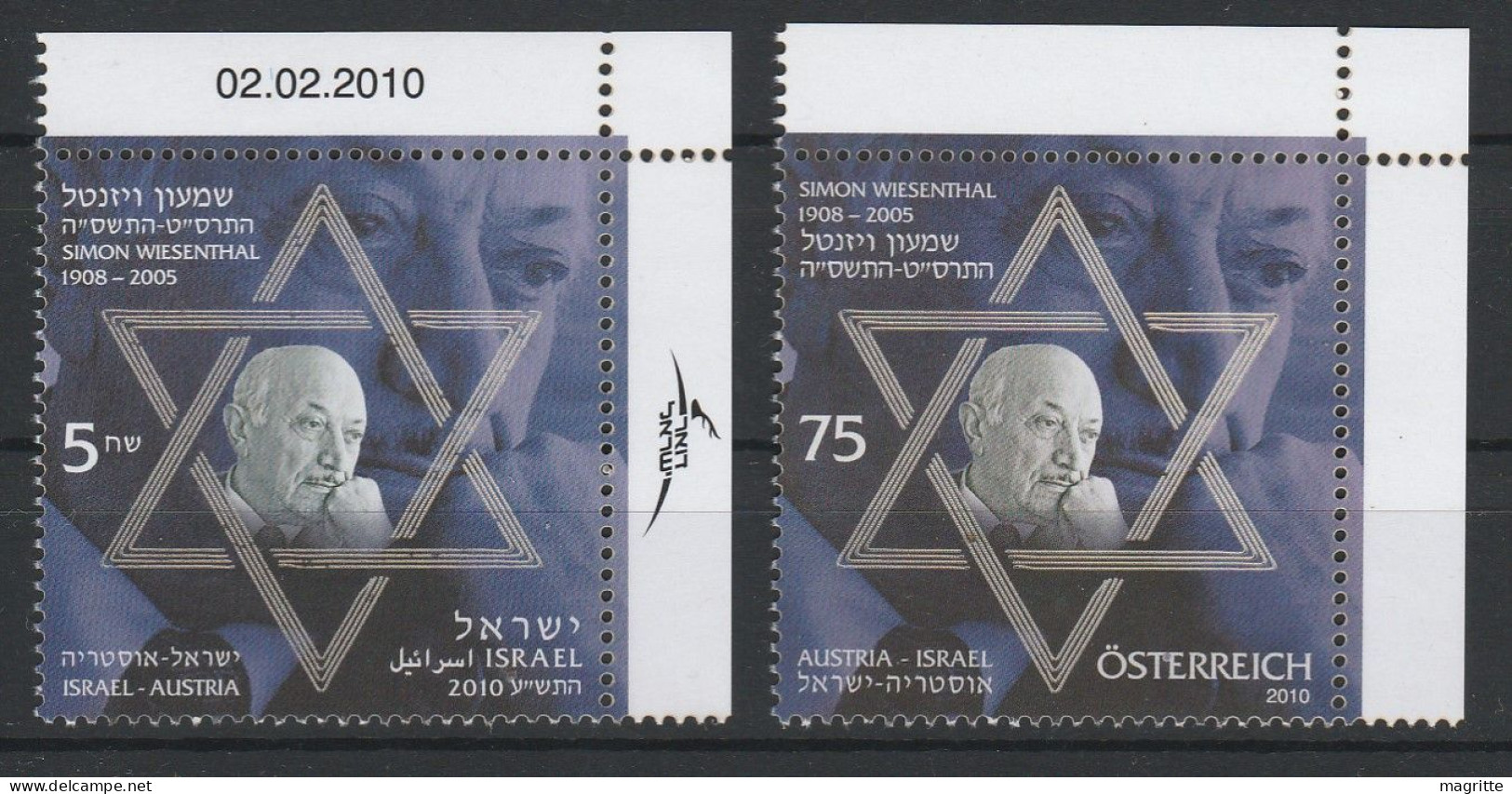 Autriche Israel Simon Wiesenthal 2010 Emission Commune Timbres Neufs Austria Israel 2010 Joint Issue Mint Stamps - Gemeinschaftsausgaben