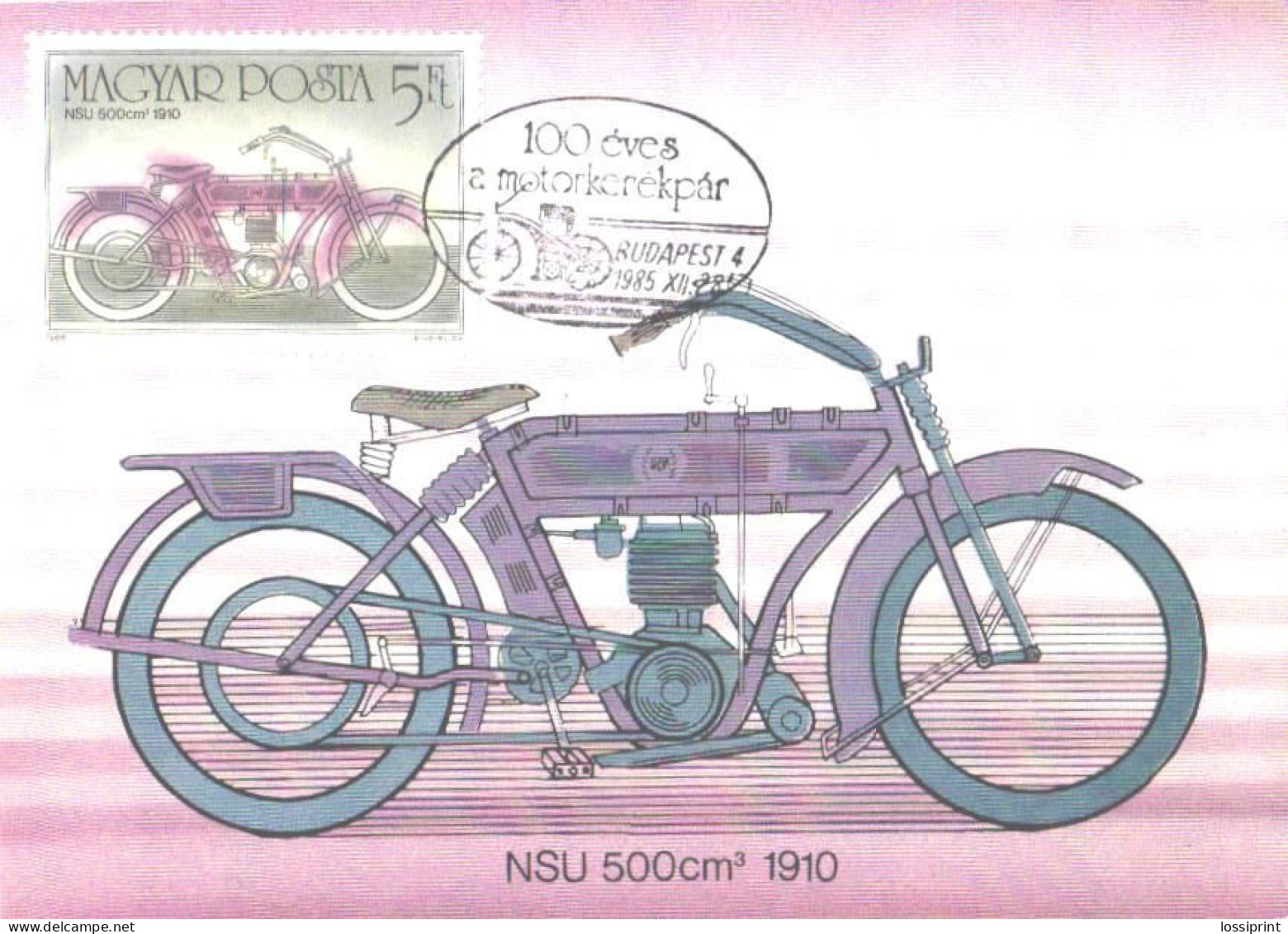 Hungary:Maxi Card, Motorbike NSU 500cm3 1910, 1985 - Moto