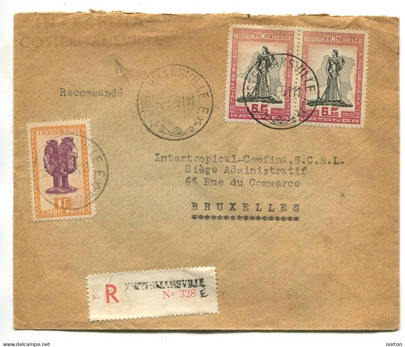 Congo Costermansville Oblit. Keach 10(E.) Sur C.O.B. 285+299 (paire) Sur Lettre Recommandée Vers Bruxelles Le 02/03/1951 - Lettres & Documents