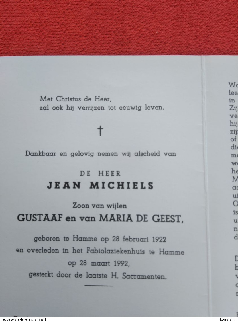 Doodsprentje Jean Michiels / Hamme 28/2/1922 - 28/3/1992 ( Z.v. Gustaaf Michiels En Maria De Geest ) - Godsdienst & Esoterisme