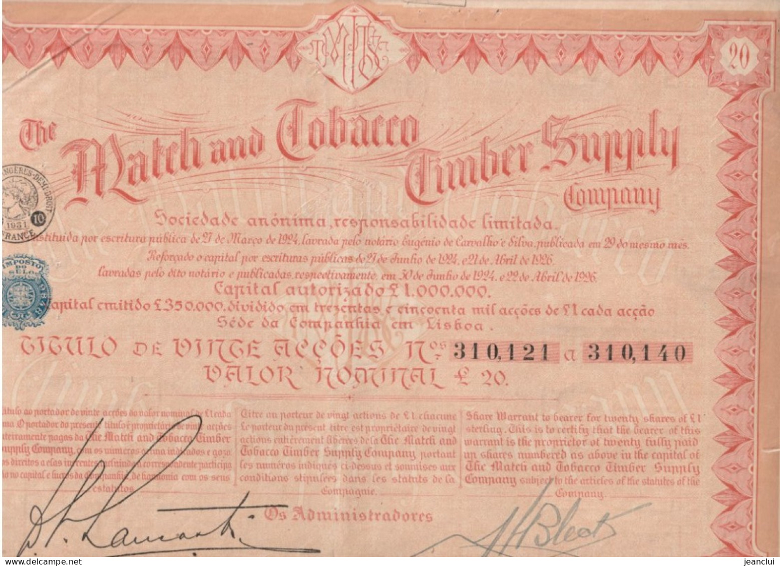 THE MATCH And TABACCO TIMBER SUPPLY COMPAGNY . LISBOA  TITULO DE CINC ACCAOES VALOR NOMINAL £ 20 . RESTE 45 COUPONS - Otros & Sin Clasificación