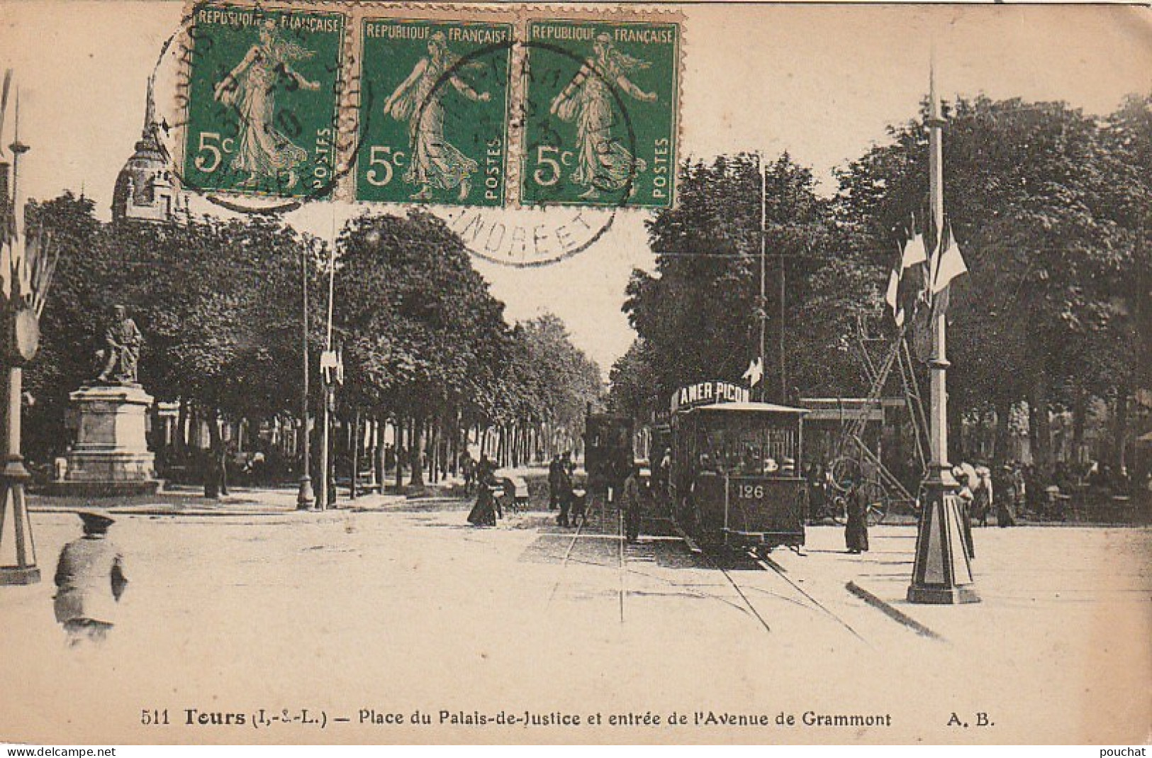 DE 11 -(37) TOURS  - PLACE DU PALAIS DE JUSTICE ET ENTREE DE L ' AVENUE DE GRAMMONT - TRAMWAY - PUBLICITE AMER  PICON - - Tours