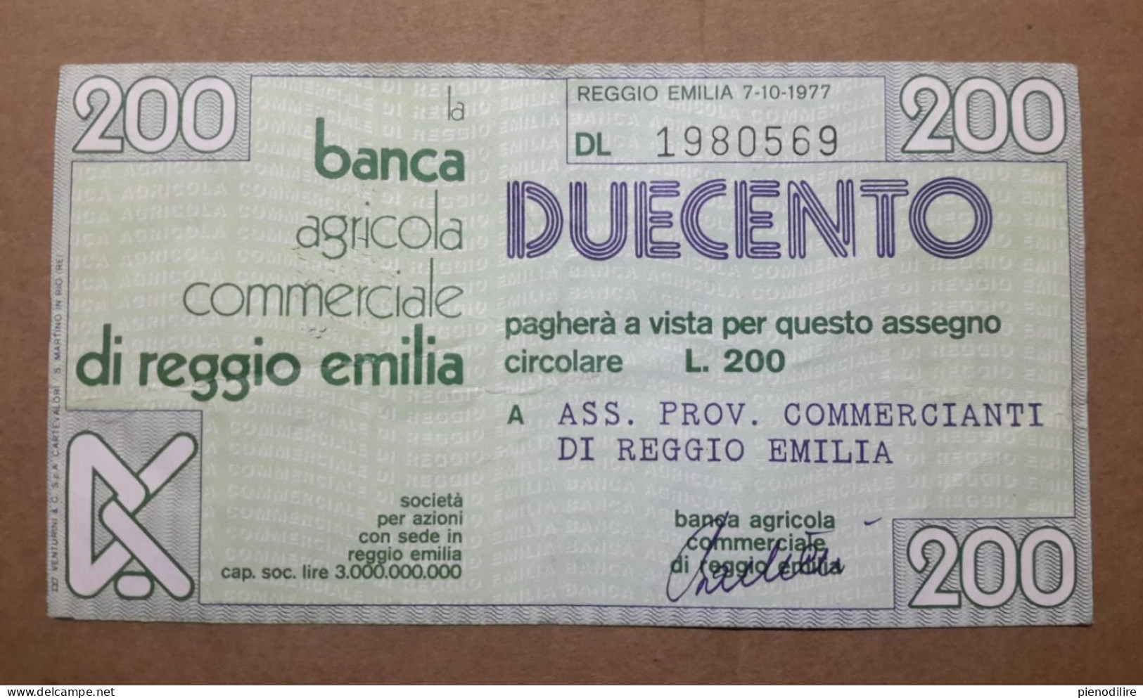 BANCA AGRICOLA COMMERCIALE DI REGGIO EMILIA, 200 Lire 07.10.1977 Ass. Prov. Commercianti "Circolata" (A1.53) - [10] Scheck Und Mini-Scheck