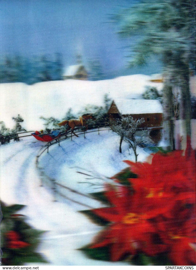 Buon Anno Natale CAVALLO FIORI LENTICULAR 3D Vintage Cartolina CPSM #PAZ019.IT - Neujahr