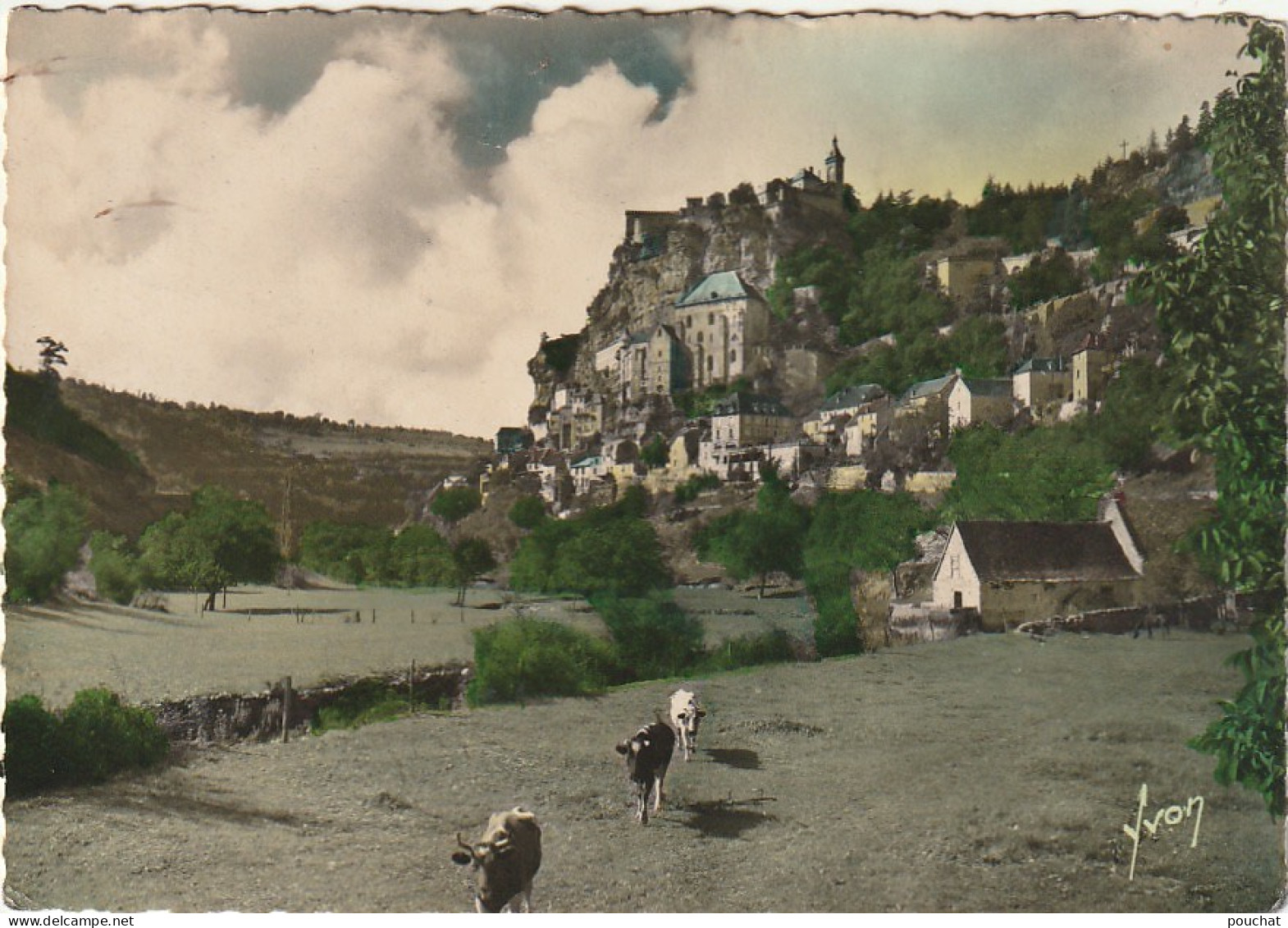 EP 14  -(46) ROCAMADOUR  -  VUE GENERALE  - VACHES AUX PATURAGES  -  CARTE COLORISEE -  2 SCANS - Rocamadour