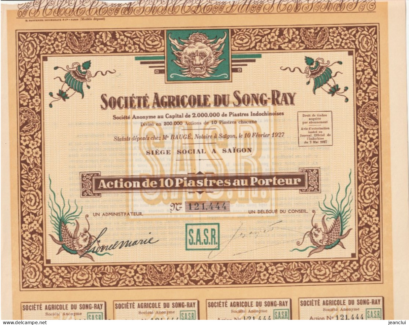 SOCIETE AGRICOLE DU SONG-RAY . Siege Social A SAÏGON ACTION DE 10 PIASTRES - N° 121.444  .COMPLETE AVEC SES 24 COUPONS - Landbouw