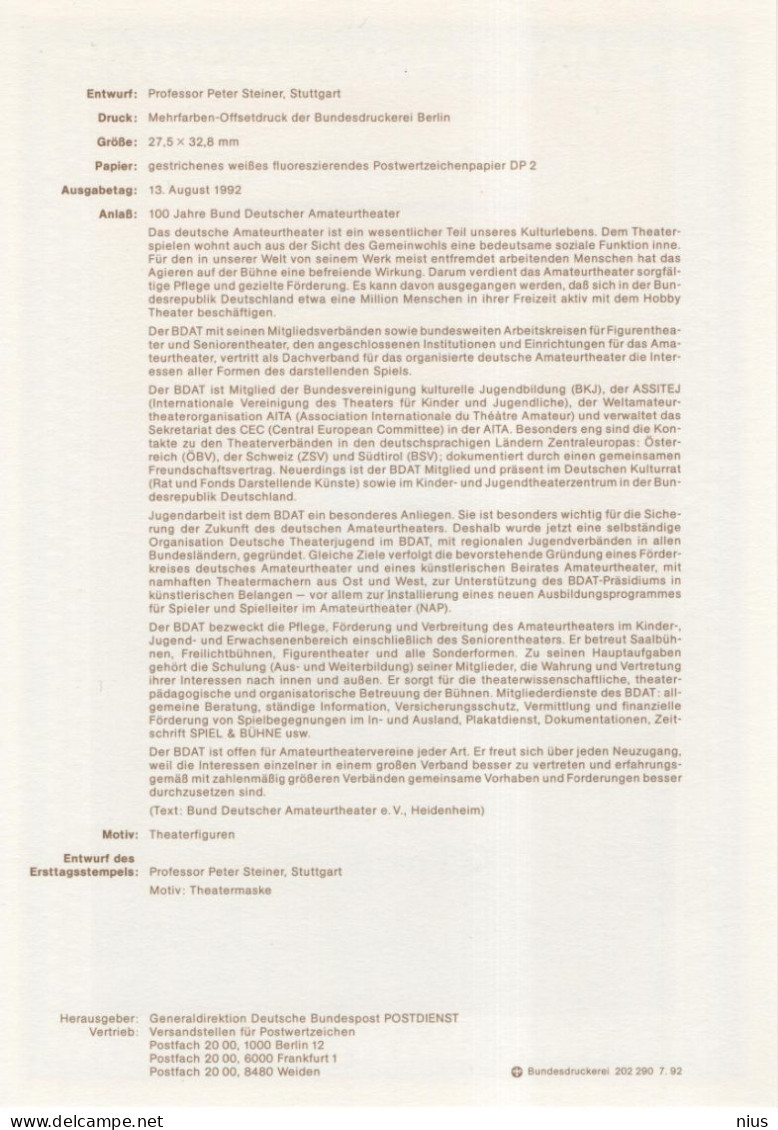 Germany Deutschland 1992-33 100 Jahre Bund Deutscher Amateurtheater, Amateur Theater Theatre Teatro, Canceled In Bonn - 1991-2000