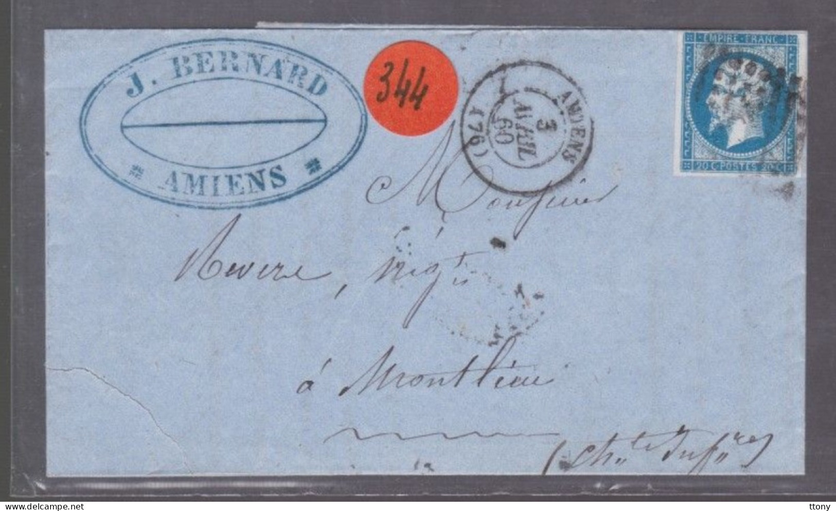 Un Timbre  N° 14       20 C Bleu   Foncé   Sur Lettre Cachet   Amiens  1860   Destination Montlieu - 1853-1860 Napoléon III