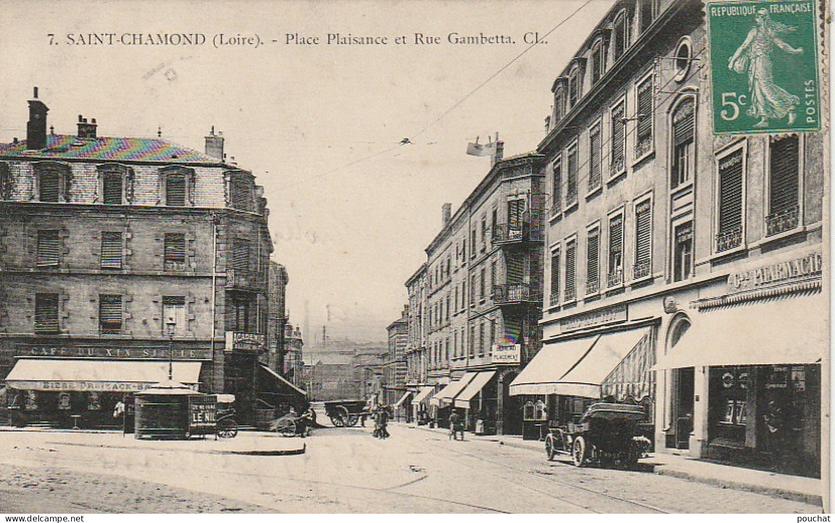 EP 1  -(42) SAINT CHAMOND  - PLACE PLAISANCE ET RUE GAMBETTA  - ANIMATION - COMMERCES : CAFE , PHARMACIE ... - 2 SCANS - Saint Chamond