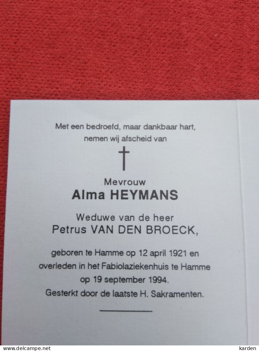 Doodsprentje Alma Heymans / Hamme 12/4/1921 - 19/9/1994 ( Petrus Van Den Broeck ) - Religione & Esoterismo