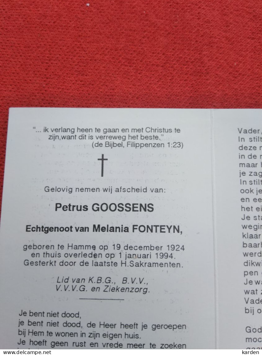 Doodsprentje Petrus Goossens / Hamme 19/12/1924 - 1/1/1994 ( Melania Fonteyn ) - Religión & Esoterismo