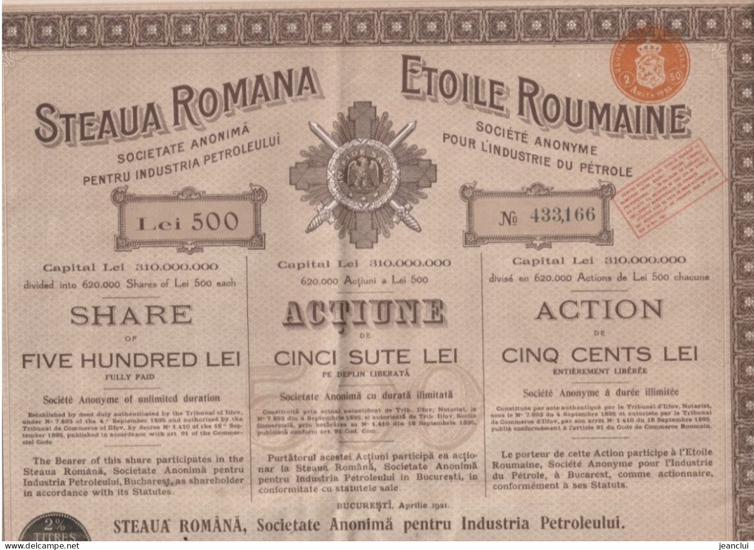 ETOILE ROUMAINE S.A. Pour L'industrie Du PETROLE  .  500 LEI  .  RESTE 2 COUPONS  .  N°  433.166 - Erdöl