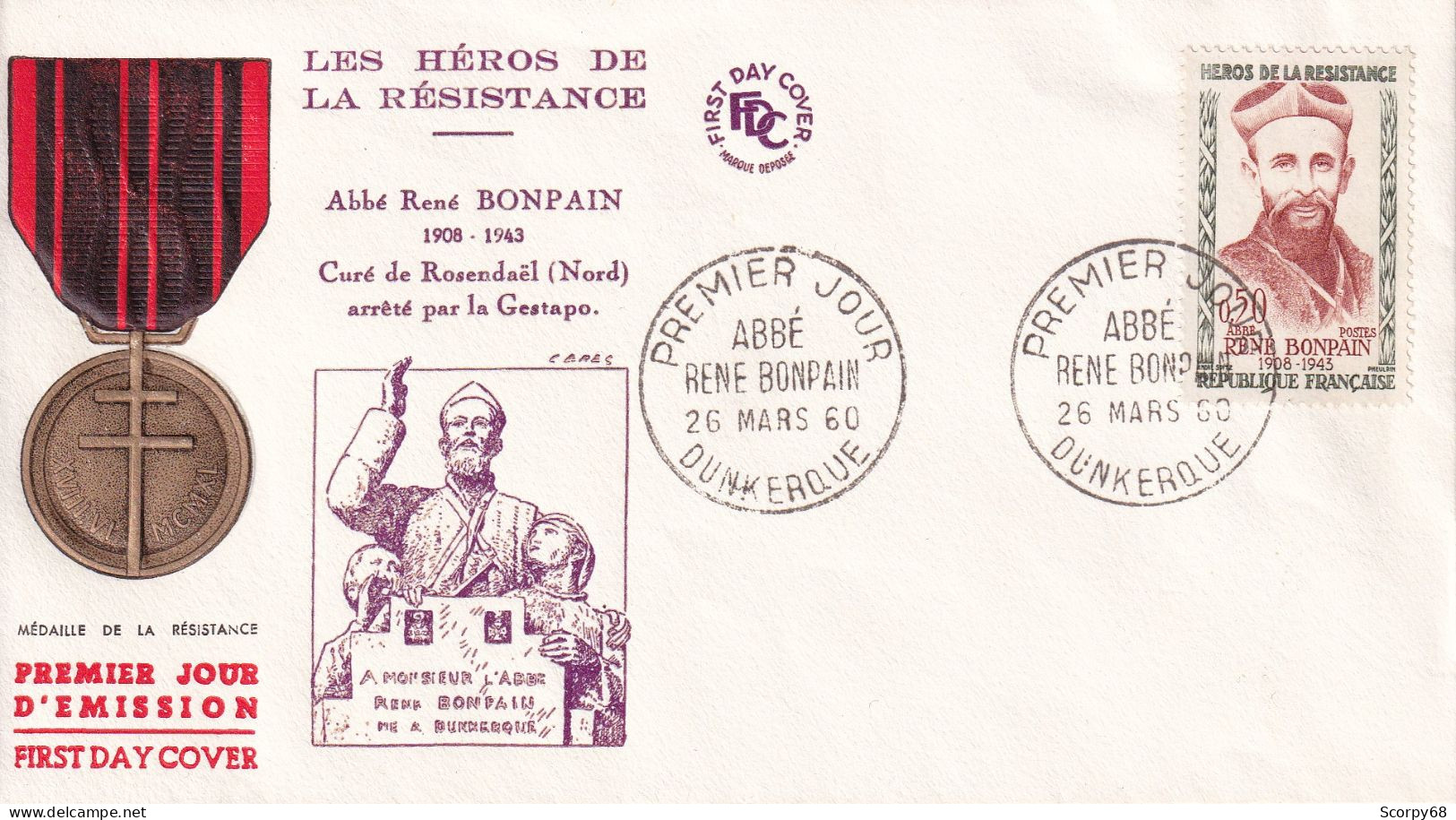 FDC 26/03/1960: Les Héros De La Résistance - Abbé René BONPAIN 1908-1943 - Y&T N° 1252 - 1960-1969