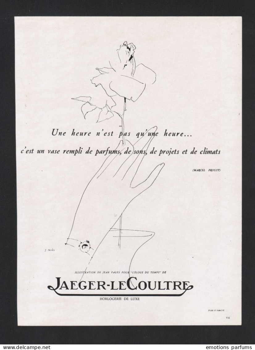 Publicité 1948 MONTRE Horlogerie Jaeger Lecoultre Montres Le Coultre Suisse Dessin Jean Pages Eloge Du Temps Proust - Reclame