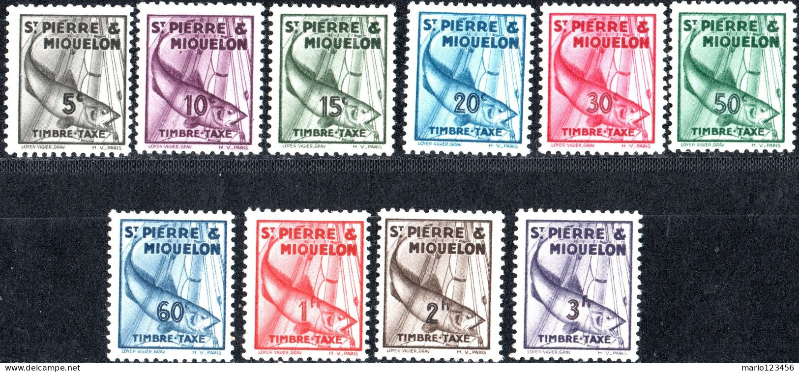 SAINT PIERRE-MIQUELON, SEGNATASSE, POSTAGE DUE, FAUNA, PESCI, FISH, 1938, NUOVI (MLH*) Scott:PM J32-J41 (10,50) - Used Stamps