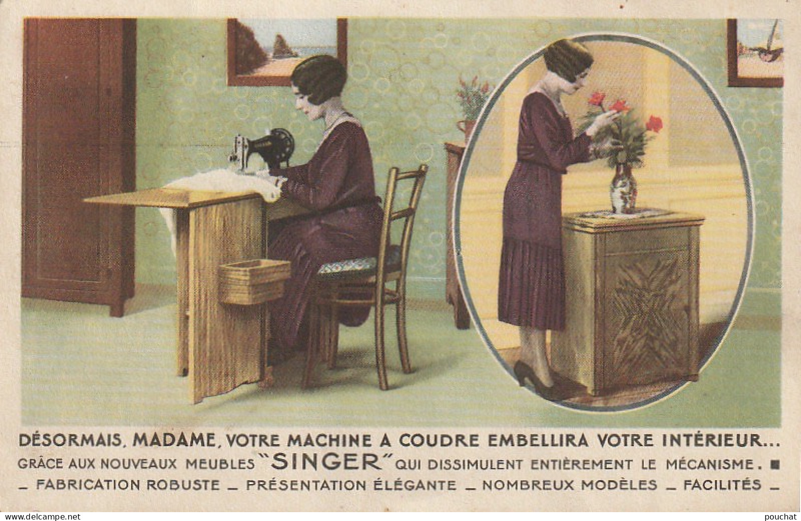 FI 5  - CARTE PUBLICITAIRE MEUBLES SINGER - MISE EN SITUATION DU MEUBLE ET MACHINE A COUDRE - Cie SINGER , MARMANDE (47) - Advertising