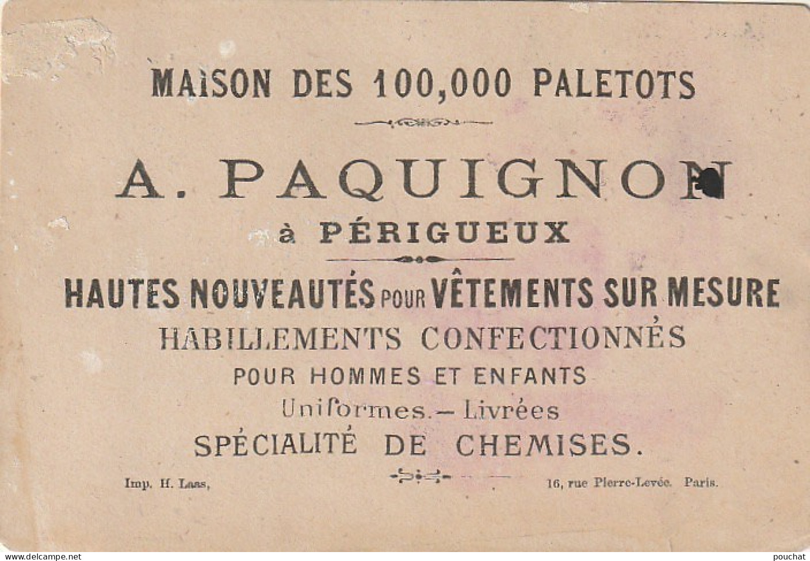 FI 6 - CHROMO PUBLICITAIRE VETEMENTS - MAISON DES 100 000 PALETOTS  A. PAQUIGNON , PERIGUEUX - " LE GOUT " - CUISINIERS - Sonstige & Ohne Zuordnung