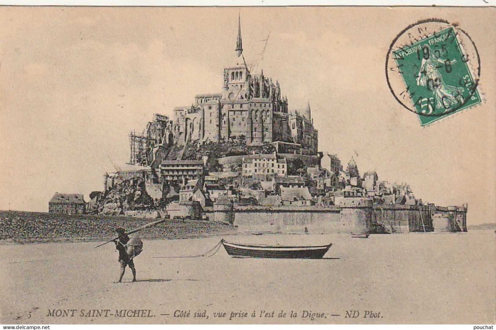 EP 22 -(50) MONT SAINT MICHEL - COTE SUD , VUE PRISE A L'EST DE LA DIGUE - ANIMATION - PECHEUR - TIMBRE TAXE  -  2 SCANS - Le Mont Saint Michel