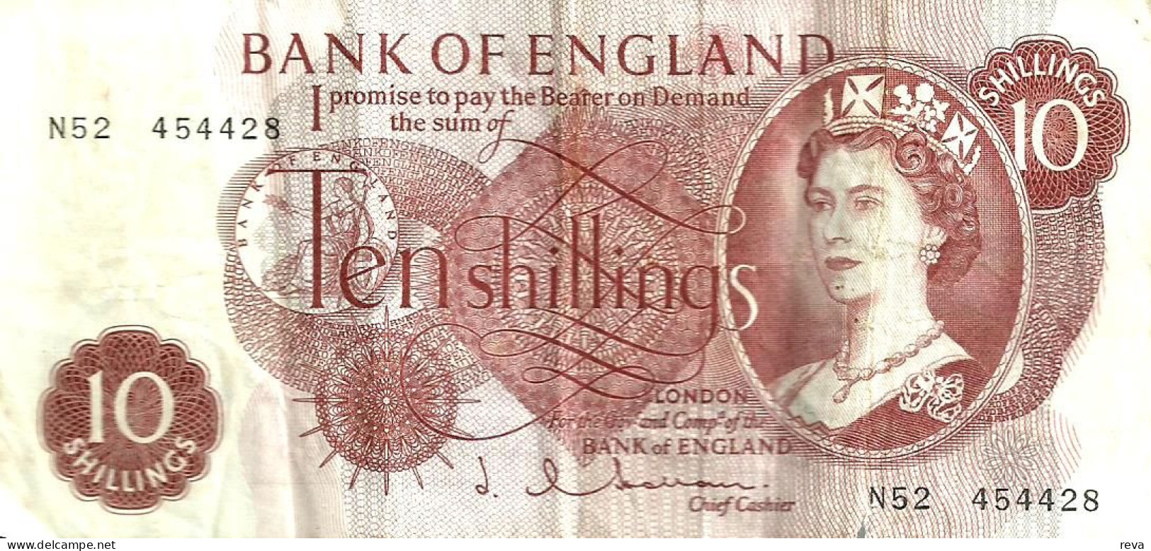 GREAT BRITAIN 10 SHILLINGS RED QEII HEAD FRONT & WOMAN BACK P.373b ND (1962-66) SIGN.J HULLORN READ DESCRIPTION !! - 10 Schillings