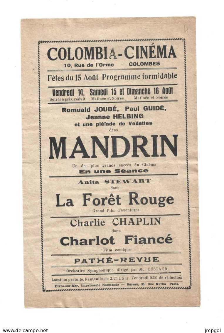 Affichette Programme Colombia Cinéma Rue De L'Orme Colombes 1924 Mandrin Romuald Joubé Charlie Chaplin Charlot Fiancé - Programma's