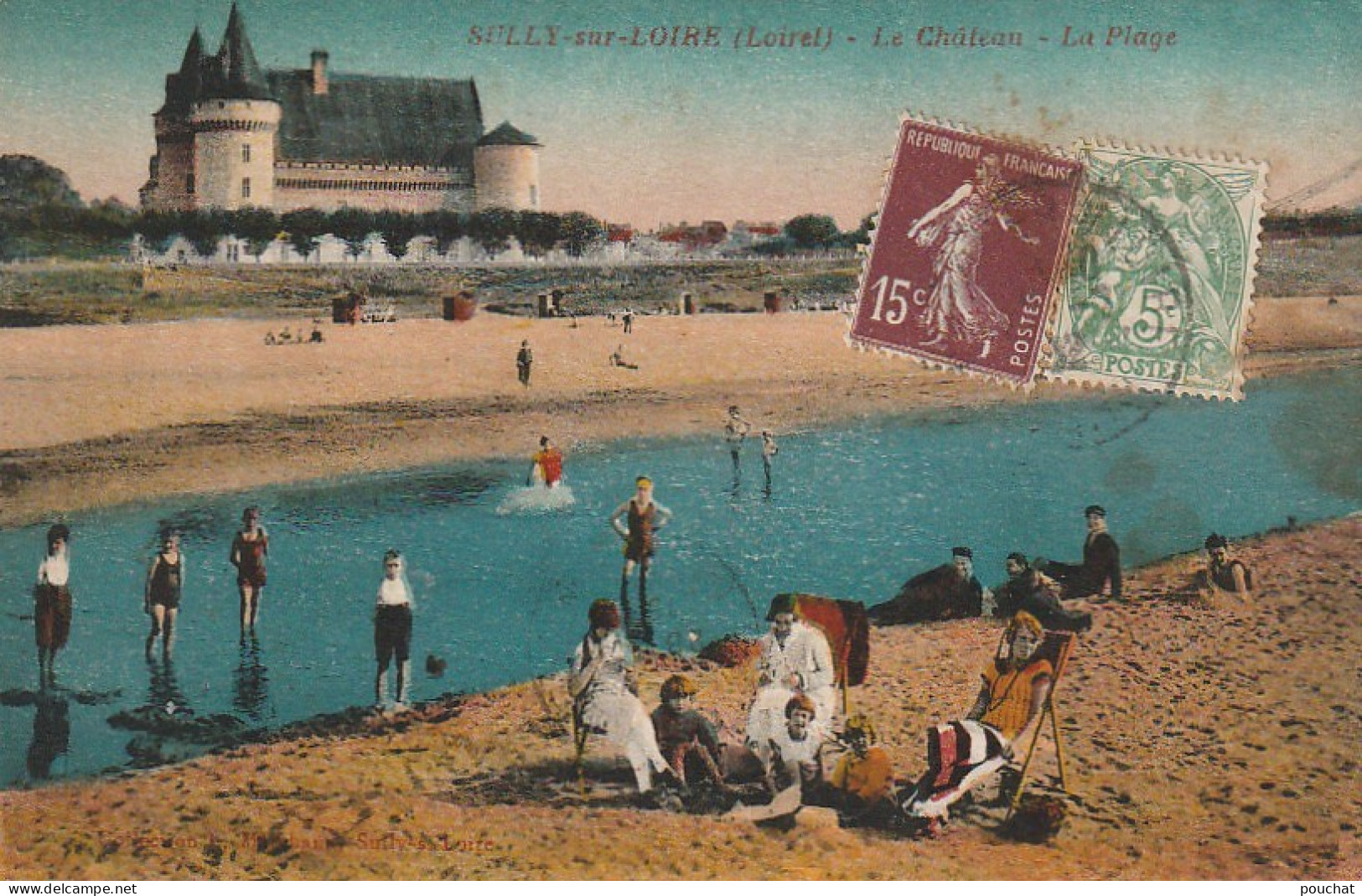 EP 12 -(45) SULLY SUR LOIRE  -  LE CHATEAU - LA PLAGE - ANIMATION - BAIGNEURS   - CARTE COLORISEE  - 2 SCANS - Sully Sur Loire