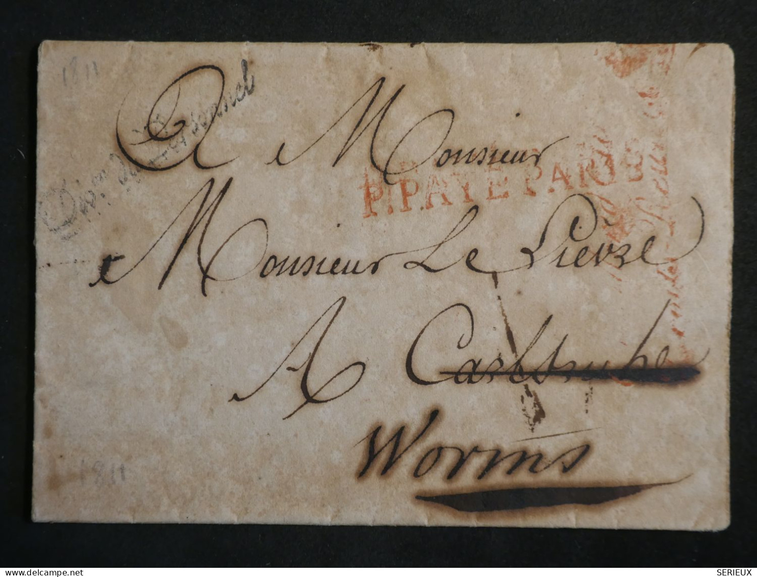 DN15 FRANCE   LETTRE RARE  EN PORT 1811  PARIS A CARLSRUHE REDISTR. A WORMS  GERMANY+ AFF. INTERESSANT++ - 1801-1848: Precursors XIX