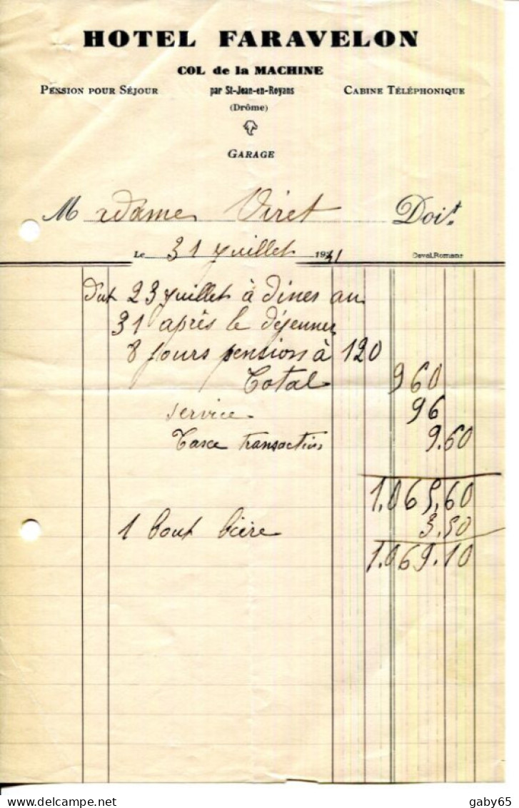 FACTURE.26.DRÔME.SAINT JEAN EN ROYANS.COL DE LA MACHINE.HOTEL FARAVELON.FACTURETTE. - Altri & Non Classificati