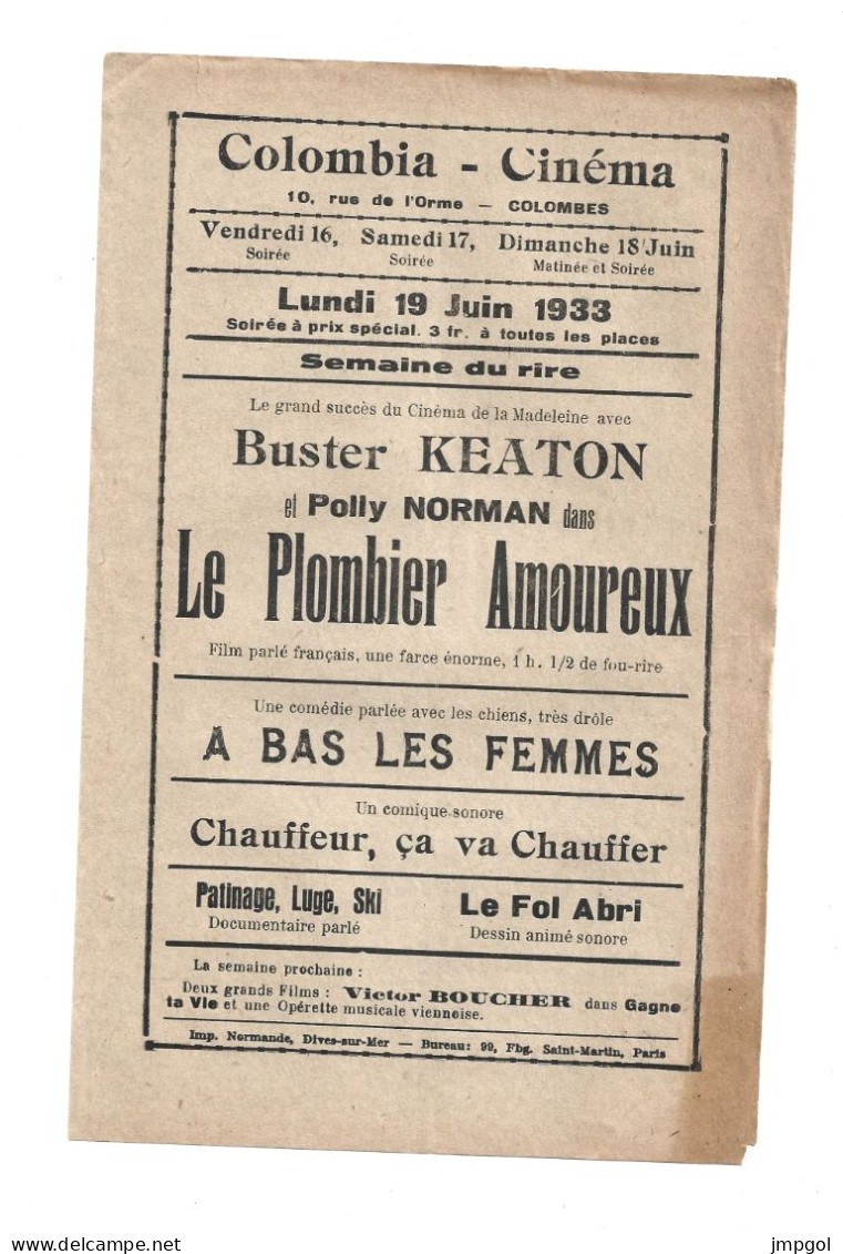 Affichette Programme Colombia Cinéma Rue De L'Orme Colombes 1933 Buster Keaton Polly Norman Le Plombier Amoureux - Programs